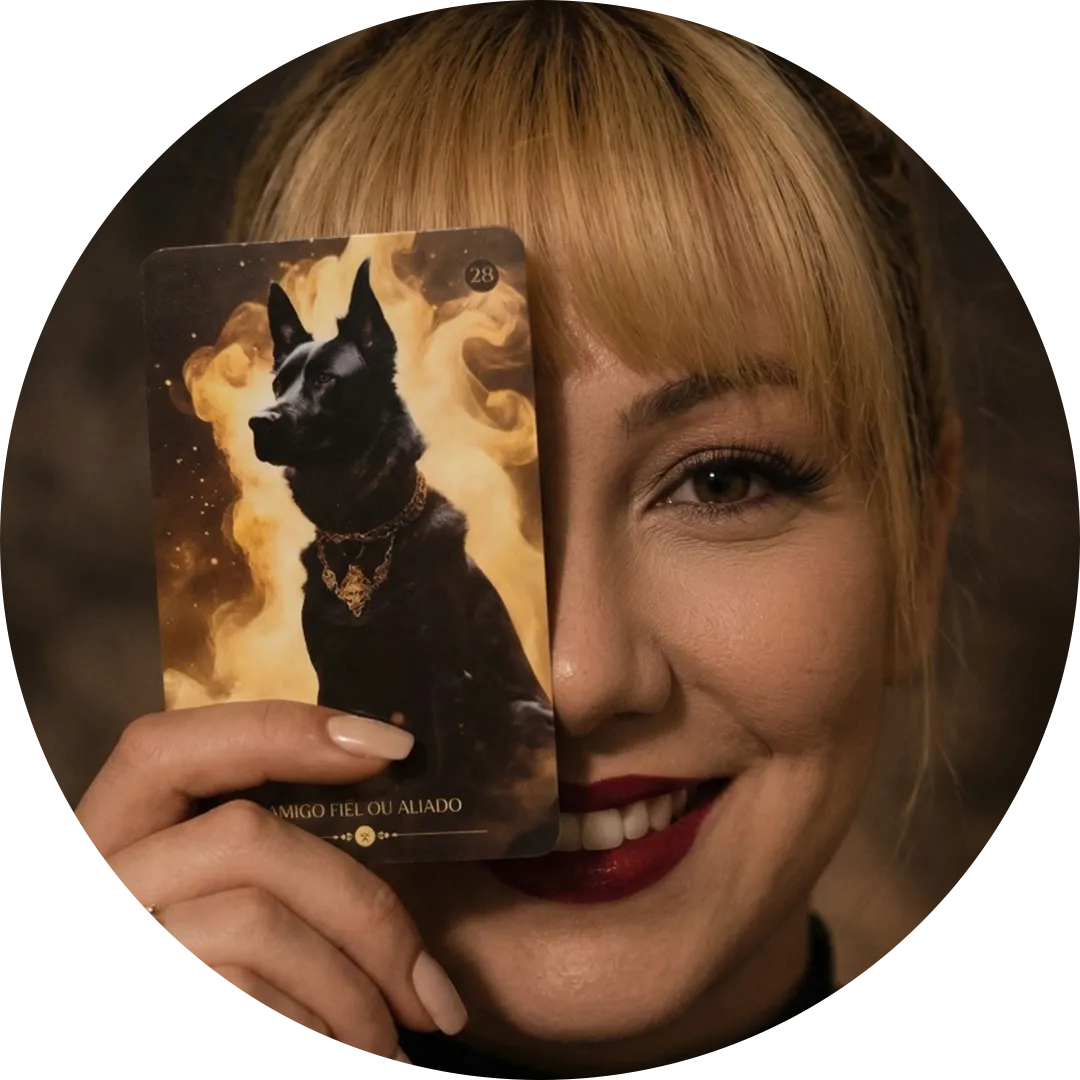 Logo da Cartomante Larissa segurando uma carta de baralho de Exu.